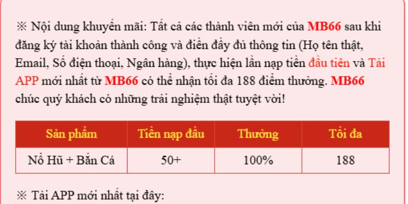 Ưu đãi khuyến mãi cho thành viên nạp tiền MB66 lần đầu
